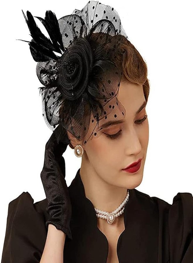 DMDENT Fascinator Hats for Women, Flower Feathers Headband Hat with Mesh Veil, Cocktail Tea Party Headwear, Vintage Ladies Hair Clip Fascinators for Party Wedding Halloween (Black) - Image 2